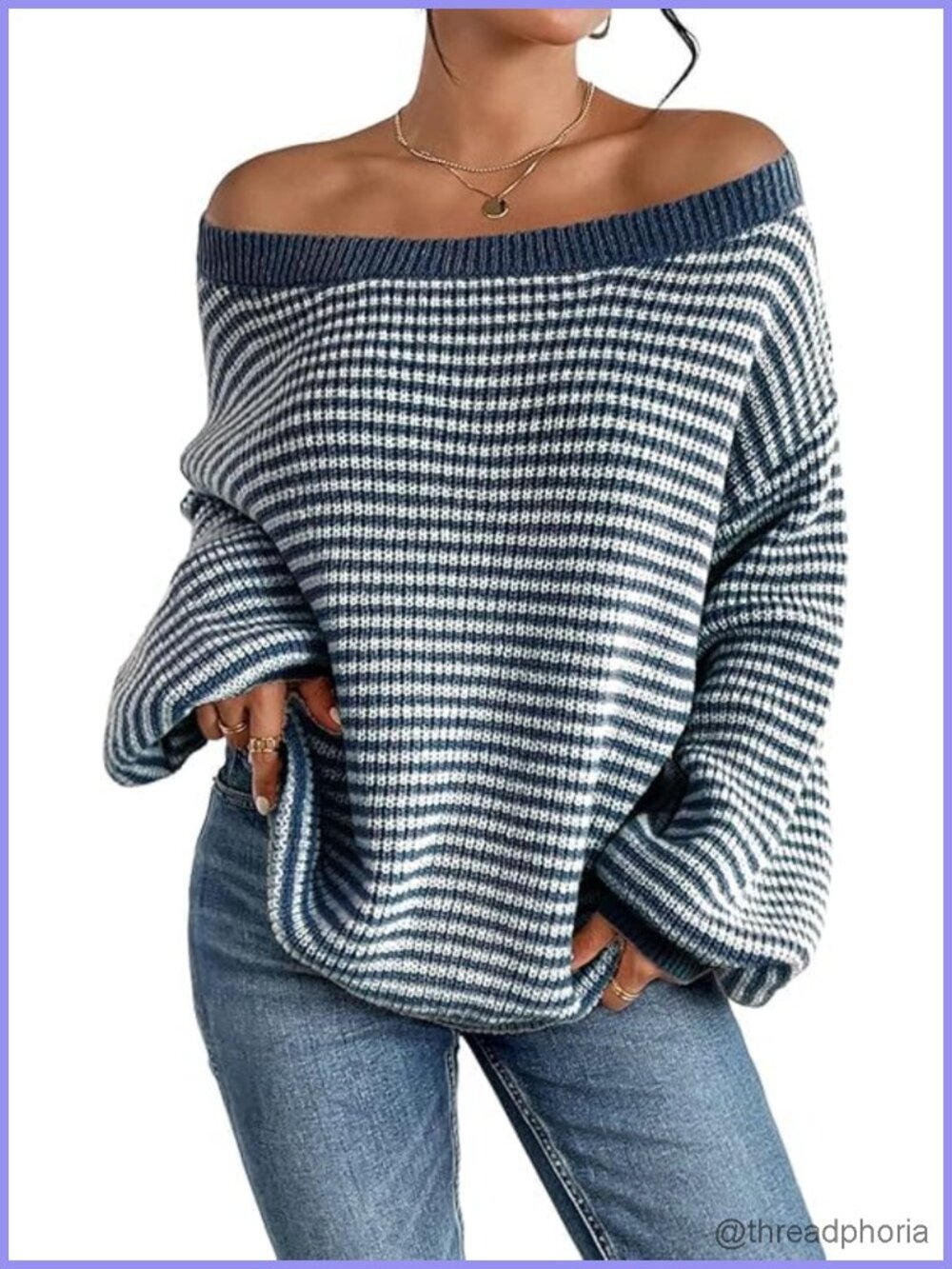 Women's Oversized Striped Off Shoulder Sweater Fall Long Sleeve Loose Knit